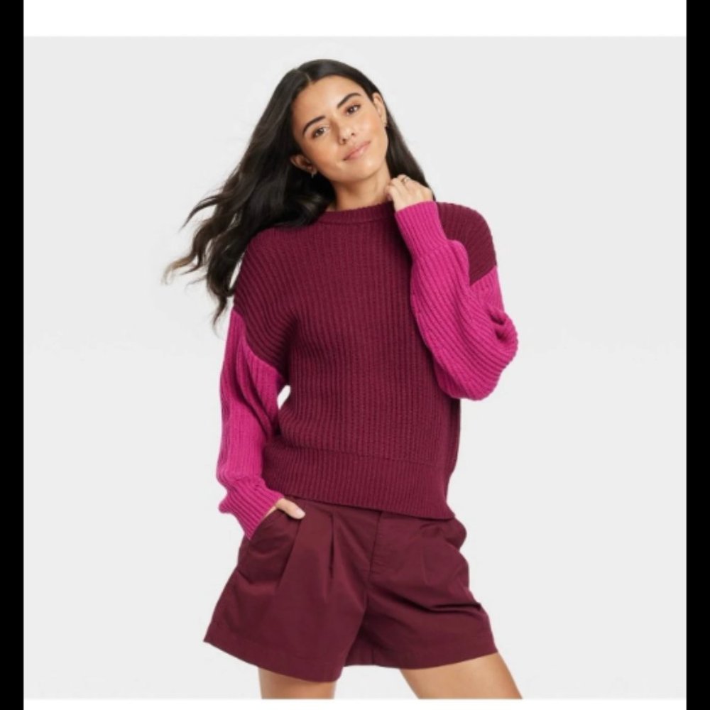 A New Day Women's Crewneck Pullover Sweater | Burgundy/Pink Colorblock | Size L